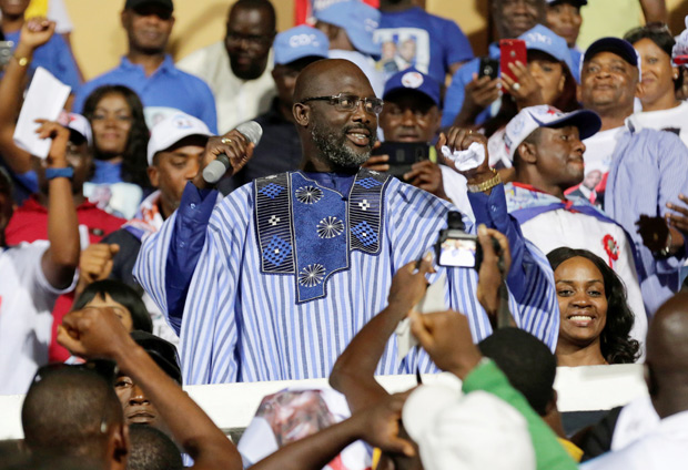 George Weah, former soccer player and presidential candidate of Congress for Democratic Change (CDC), reacts during the party's presidential campaign rally at Samuel Kanyon Doe Sports Complex in Monrovia, Liberia December 23, 2017. REUTERS/Thierry Gouegnon ORG XMIT: GGGTG25