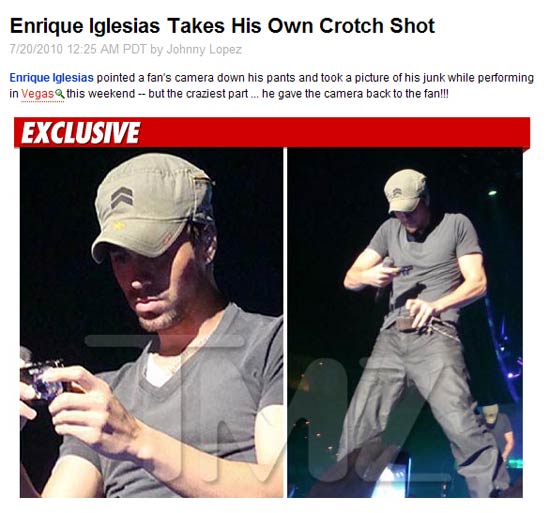 O cantor Enrique Iglesias, que puxou a calça para tirar uma foto de suas partes íntimas usando a câmera de uma fã