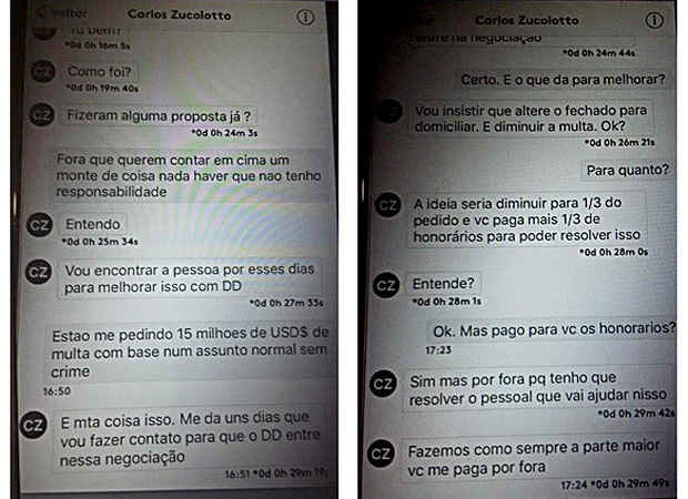 Imagens de mensagens que Tacla Duran afirma ter trocado com Zucolotto
