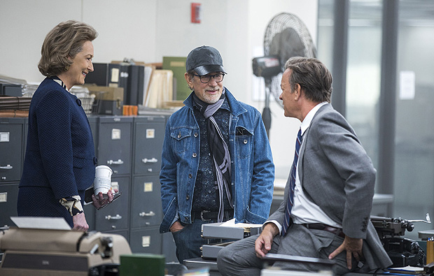This image released by 20th Century Fox shows actress Meryl Streep, from left, director Steven Spielberg, and actor Tom Hanks on the set of "The Post." Spielberg?s newspaper drama has been named the year?s best film by the National Board of Review, which also lavished its top acting honors on the film?s stars, Streep and Hanks. 
