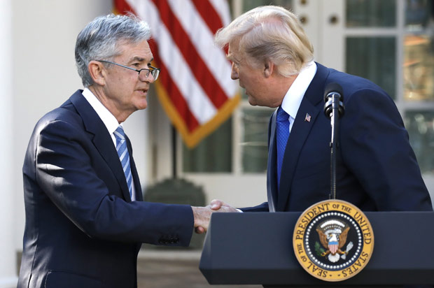 U.S. President Donald Trump arrives shakes hands with Jerome Powell, his nominee to become chairman of the U.S. Federal Reserve at the White House in Washington, U.S., November 2, 2017. REUTERS/Carlos Barria ORG XMIT: rtw120
