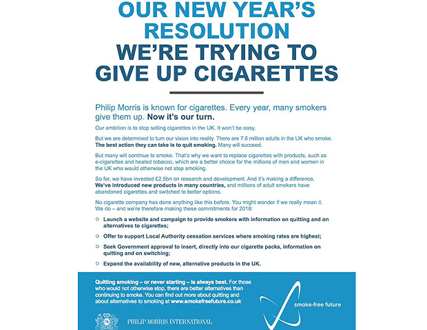 Philip Morris divulga anúncio no Reino Unido em que diz querer parar de vender cigarros tradicionais 