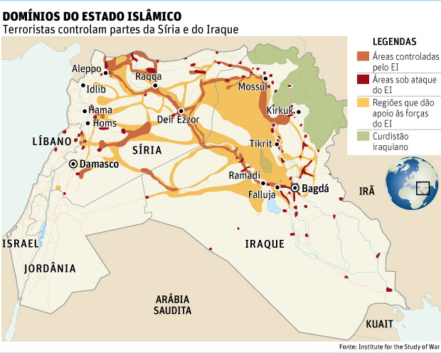 DOMÍNIOS DO ESTADO ISLÂMICOTerroristas controlam partes da Síria e do Iraque