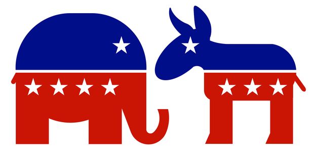 Elefante, smbolo do Partido Republicano, e burro, smbolo democrata