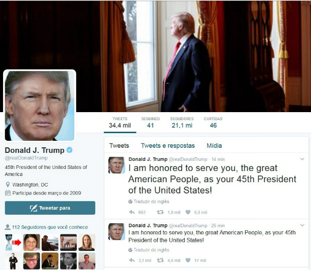 Reprodução do tuíte de Trump, onde ele escreve "honored" (honrado) errado, e a correção na sequência 