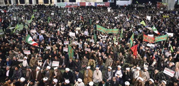 Iranian protesters chant slogans at a rally in Tehran, Iran, Saturday, Dec. 30, 2017. Iranian hard-liners rallied Saturday to support the country's supreme leader and clerically overseen government as spontaneous protests sparked by anger over the country's ailing economy roiled major cities in the Islamic Republic. (AP Photo/Ebrahim Noroozi) ORG XMIT: ENO101