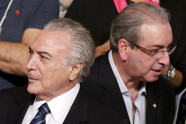 Brazil's Vice President Michel Temer (L) is seen near President of the Chamber of Deputies Eduardo Cunha during the Brazilian Democratic Movement Party (PMDB) national convention in Brasilia, Brazil, March 12, 2016. REUTERS/Ueslei Marcelino ORG XMIT: BSB01