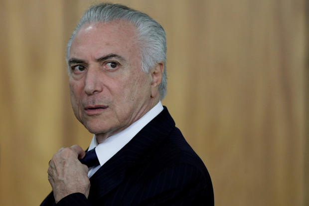 FILE PHOTO: Brazilian President Michel Temer looks on during a credentials presentation ceremony for several new top diplomats at Planalto Palace in Brasilia, Brazil June 26, 2017. REUTERS/Ueslei Marcelino/File Picture ORG XMIT: UMS10
