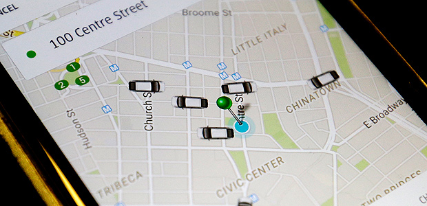 In this Wednesday, March 18, 2015, photo the Uber app displays on a smart phone cars available for a pick up in downtown Manhattan. New York City’s storied yellow cabs are taking a back seat to Uber now that the ride-sharing app has more vehicles registered in the city than the total number of taxis. (AP Photo/Mary Altaffer) ORG XMIT: NYMA103