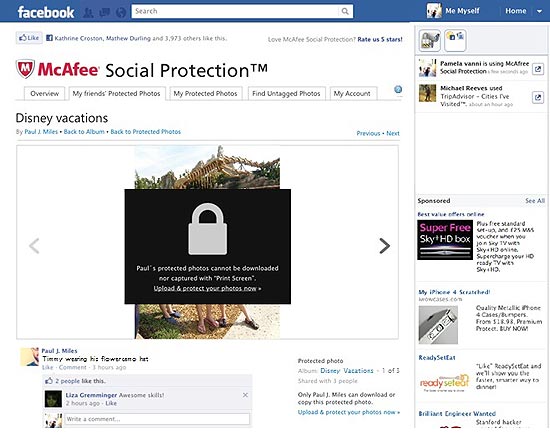 Imagem de divulgação do McAfee Social Protection, que promete trancafiar as imagens postadas no Facebook