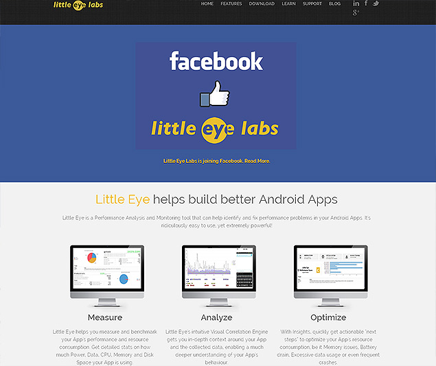 Site da Little Eye Labs com chamada para o anúncio da aquisição pelo Facebook