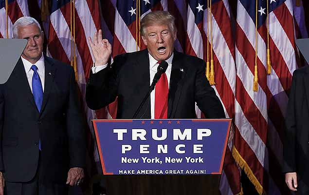 U.S. President-elect Donald Trump and his running mate Mike Pence address their election night rally in Manhattan, New York, U.S., November 9, 2016.