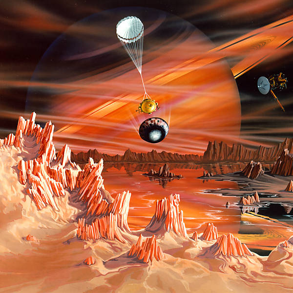 Ilustração mostra como seria a superfície de Titã, com o “crepúsculo” de Saturno ao fundo e sondas da Nasa <a href='http://www1.folha.uol.com.br/bbc/1011422-estudo-identifica-planetas-com-mais-chance-de-abrigar-vida-extraterrestre.shtml'>Leia Mais</a>