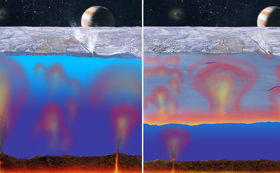 Ilustração artística mostra o oceano de gelo de Europa, possivelmente com o escape de calor vulcânico <a href='http://www1.folha.uol.com.br/bbc/1011422-estudo-identifica-planetas-com-mais-chance-de-abrigar-vida-extraterrestre.shtml'>Leia Mais</a>