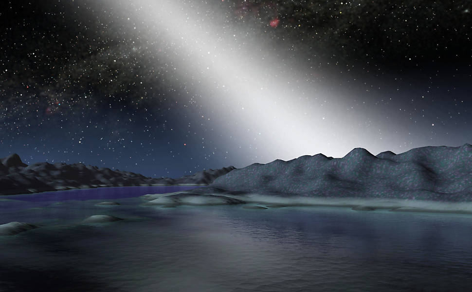 Ilustração sugere como seria o céu de um planeta alienígena em um sistema solar com um cinturão de asteróides <a href='http://www1.folha.uol.com.br/bbc/1011422-estudo-identifica-planetas-com-mais-chance-de-abrigar-vida-extraterrestre.shtml'>Leia Mais</a>