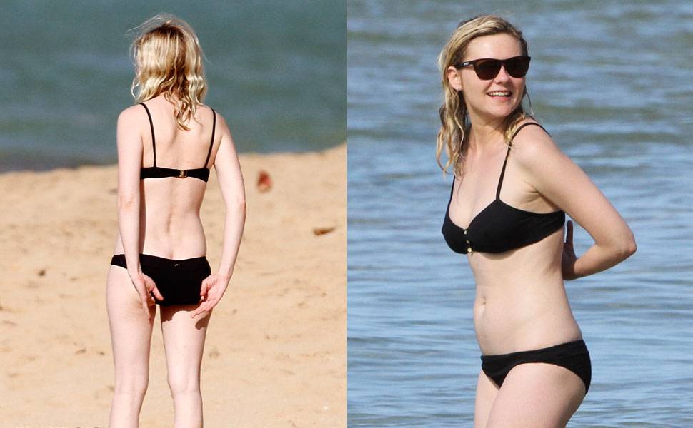 A atriz Kirsten Dunst teve que dar uma arrumadinha no biquíni quando curtia a praia no Havaí