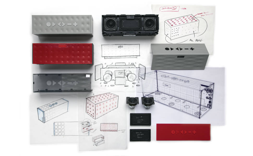 Desenhos e componentes da caixa de som Big Jawbox, da Jawbone 