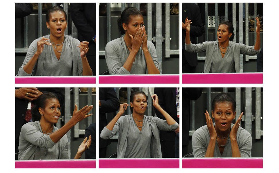 Montagem mostra as diferentes reações de Michelle Obama durante jogo de basquete entre EUA e França na Olimpíada de Londres