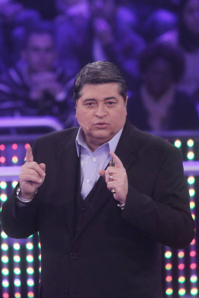 Durante a gravação do programa "Quem Fica em Pé"