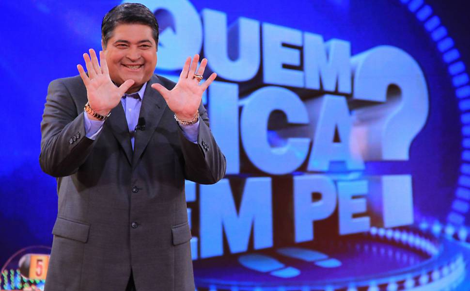 Durante a gravação do programa "Quem Fica em Pé"