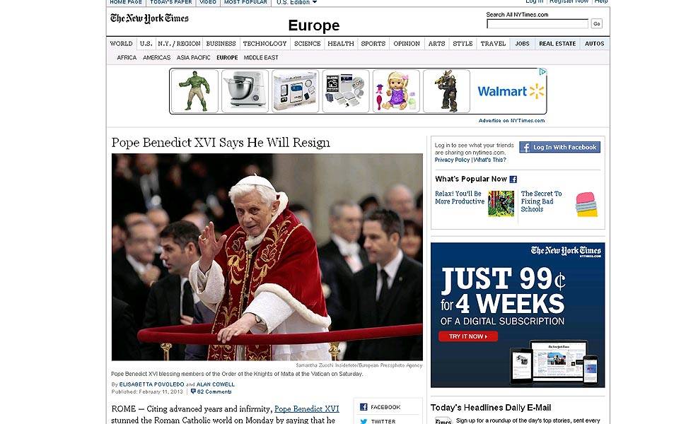Repercussão dos sites internacionais sobre a renúncia do Papa