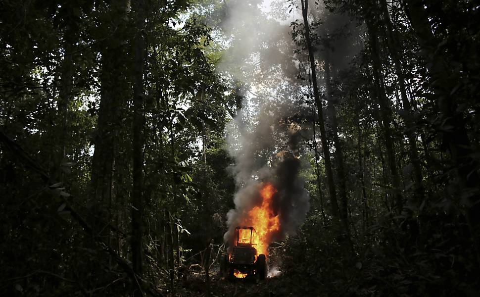 Veículo usado para retirar madeira da floresta amazônica é queimado durante operação policial para tentar impedir a exploração ilegal de madeira no parque Jamanxim, no Pará