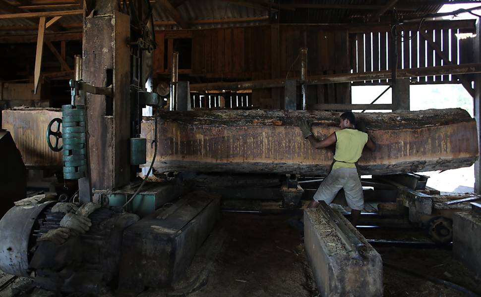 Funcionário de serraria processa madeira derrubada ilegalmente na floresta amazônica, próximo à cidade de Morais Almeida (PA)