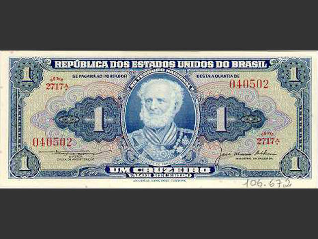 Nota de Cr$ 1. O Cruzeiro foi a moeda vigente no Brasil de novembro de 1942 a 12 de fevereiro de 1967