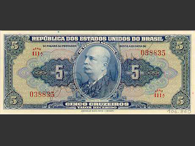 Nota de Cr$ 5. O Cruzeiro foi a moeda vigente no Brasil de novembro de 1942 a 12 de fevereiro de 1967