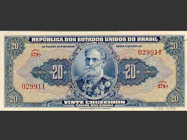 Nota de Cr$ 20. O Cruzeiro foi a moeda vigente no Brasil de novembro de 1942 a 12 de fevereiro de 1967