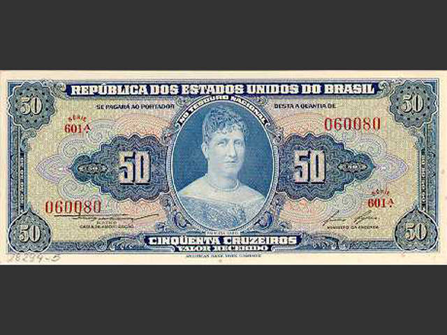Nota de Cr$ 50. O Cruzeiro foi a moeda vigente no Brasil de novembro de 1942 a 12 de fevereiro de 1967