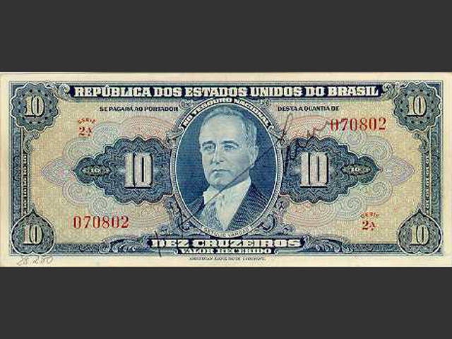 Nota de Cr$ 10. O Cruzeiro foi a moeda vigente no Brasil de novembro de 1942 a 12 de fevereiro de 1967