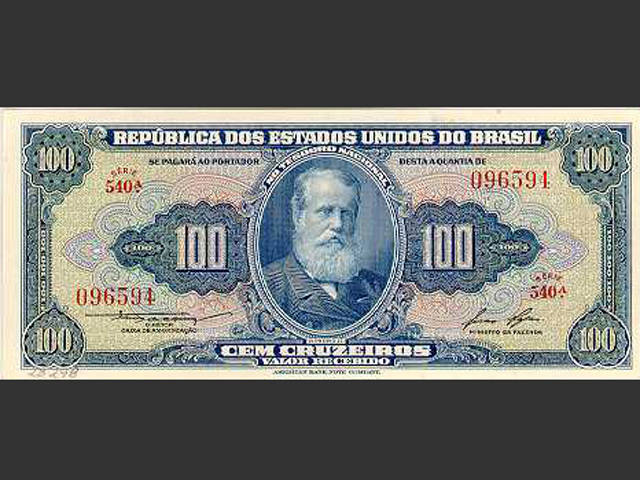 Nota de Cr$ 100. O Cruzeiro foi a moeda vigente no Brasil de novembro de 1942 a 12 de fevereiro de 1967