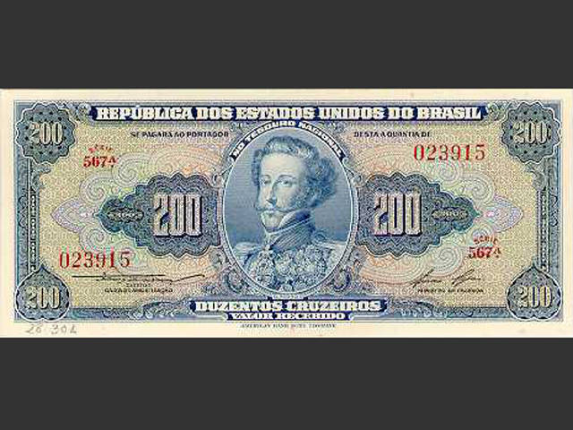 Nota de Cr$ 200. O Cruzeiro foi a moeda vigente no Brasil de novembro de 1942 a 12 de fevereiro de 1967
