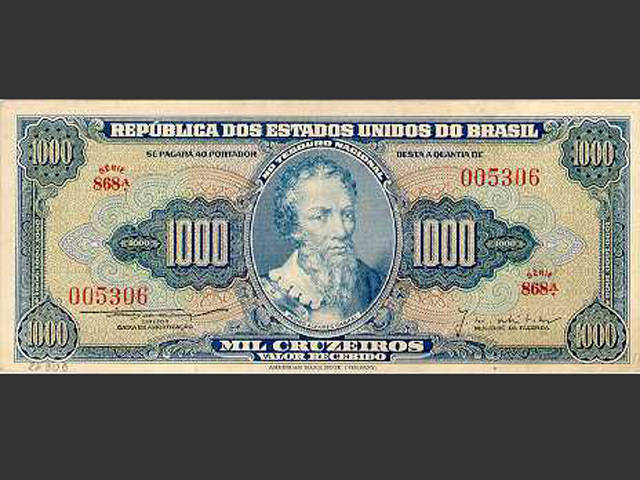 Nota de Cr$ 1.000. O Cruzeiro foi a moeda vigente no Brasil de novembro de 1942 a 12 de fevereiro de 1967