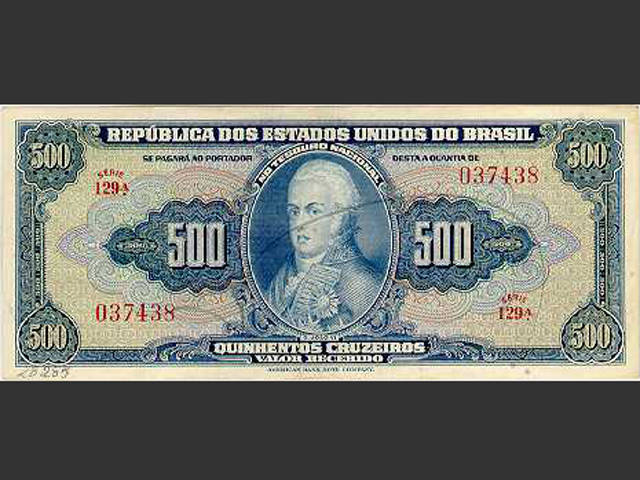 Nota de Cr$ 500. O Cruzeiro foi a moeda vigente no Brasil de novembro de 1942 a 12 de fevereiro de 1967