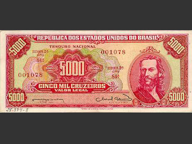 Nota de Cr$ 5.000. O Cruzeiro foi a moeda vigente no Brasil de novembro de 1942 a 12 de fevereiro de 1967
