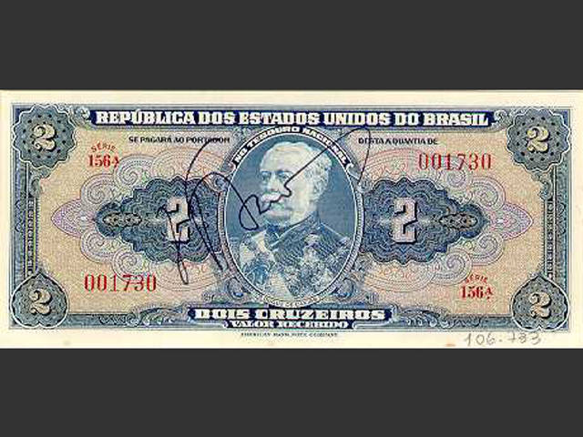 Nota de Cr$ 2. O Cruzeiro foi a moeda vigente no Brasil de novembro de 1942 a 12 de fevereiro de 1967