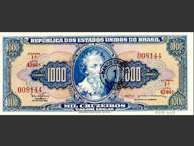 Nota de NCr$ 1. O Cruzeiro Novo foi a moeda vigente no Brasil de 13 de fevereiro de 1967 a 14 de maio de 1970