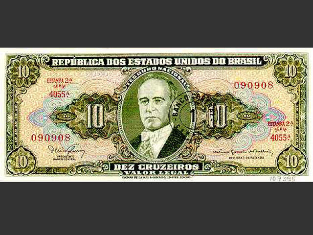 Nota de NCr$ 0,01. O Cruzeiro Novo foi a moeda vigente no Brasil de 13 de fevereiro de 1967 a 14 de maio de 1970