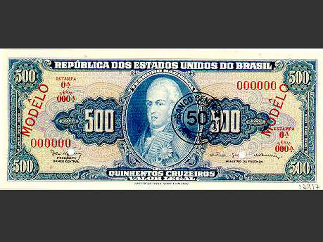 Nota de NCr$ 0,50. O Cruzeiro Novo foi a moeda vigente no Brasil de 13 de fevereiro de 1967 a 14 de maio de 1970