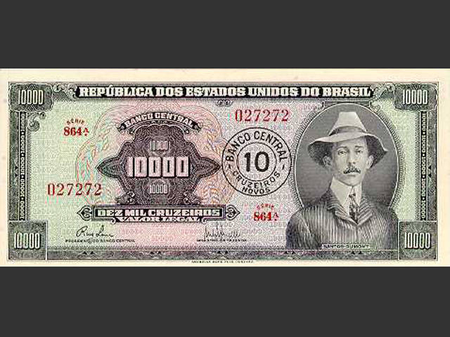 Nota de NCr$ 10. O Cruzeiro Novo foi a moeda vigente no Brasil de 13 de fevereiro de 1967 a 14 de maio de 1970