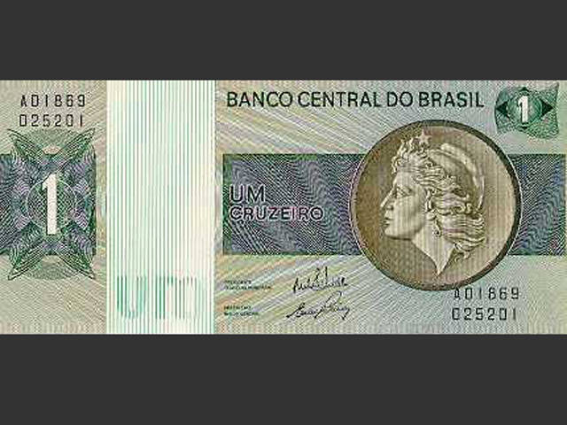 Nota de Cr$ 1. O Cruzeiro voltou a ser a moeda do Brasil em 15 de maio de 1970 e seguiu até 27 de fevereiro de 1986
