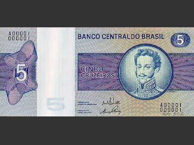 Nota de Cr$ 5. O Cruzeiro voltou a ser a moeda do Brasil em 15 de maio de 1970 e seguiu até 27 de fevereiro de 1986