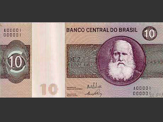 Nota de Cr$ 10. O Cruzeiro voltou a ser a moeda do Brasil em 15 de maio de 1970 e seguiu até 27 de fevereiro de 1986