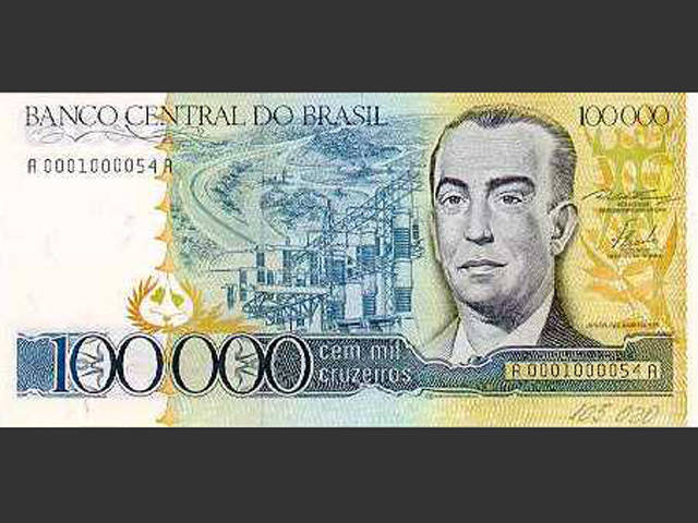 Nota de Cr$ 100 mil. O Cruzeiro voltou a ser a moeda do Brasil em 15 de maio de 1970 e seguiu até 27 de fevereiro de 1986