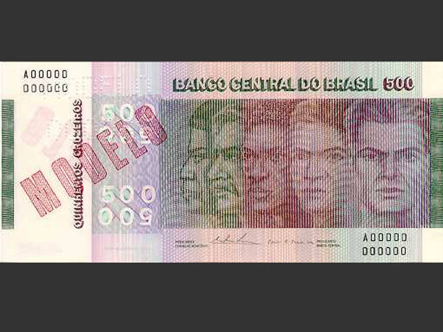 Nota de Cr$ 500. O Cruzeiro voltou a ser a moeda do Brasil em 15 de maio de 1970 e seguiu até 27 de fevereiro de 1986