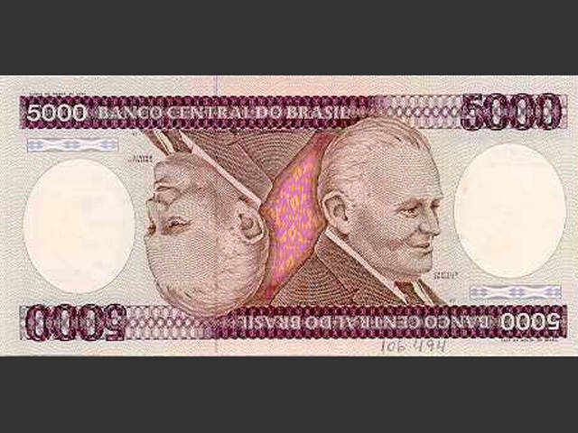 Nota de Cr$ 5.000. O Cruzeiro voltou a ser a moeda do Brasil em 15 de maio de 1970 e seguiu até 27 de fevereiro de 1986