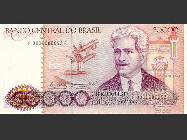 Nota de Cr$ 50 mil. O Cruzeiro voltou a ser a moeda do Brasil em 15 de maio de 1970 e seguiu até 27 de fevereiro de 1986