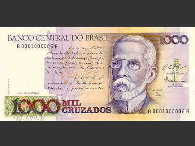 Nota de Cz$ 1.000. O Cruzado foi a moeda vigente no Brasil de 28 de fevereiro de 1986 a 15 de janeiro de 1989